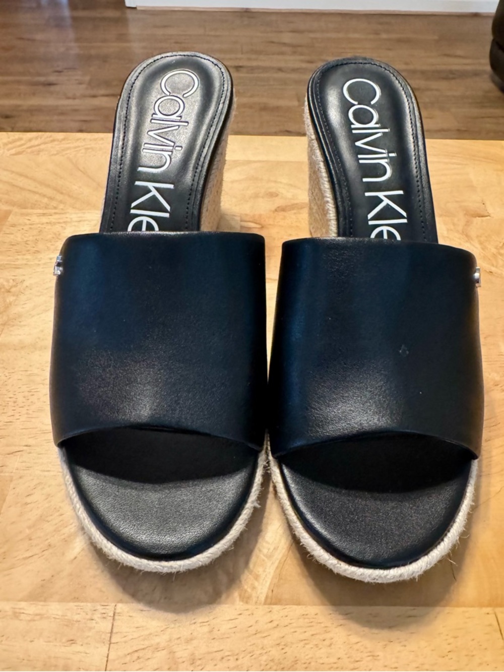 Calvin Klein Black Leather Slide Espadrille Wedge Mules